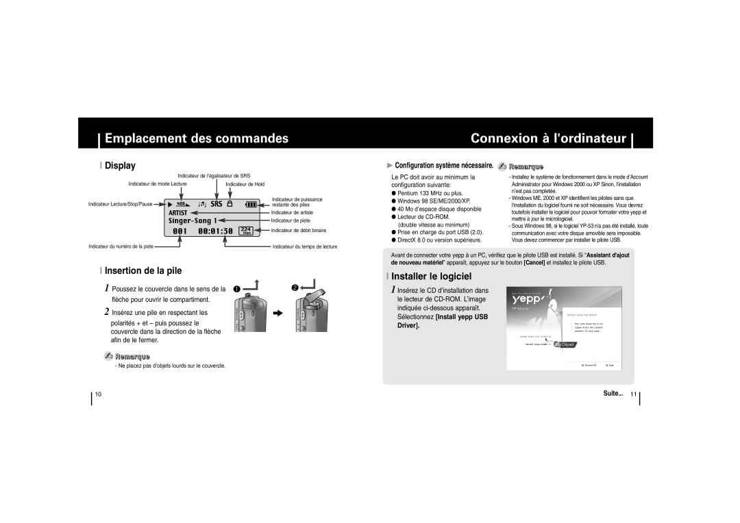 Samsung YP-53V/ELS, YP-53Z/ELS, YP53V1/ELS, YP-53V/XFO manual Connexion à lordinateur, Display, Insertion de la pile 