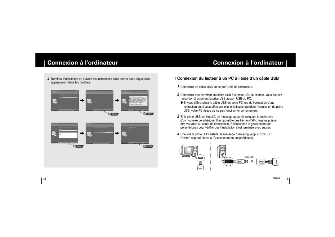 Samsung YP-53V/XFO, YP-53Z/ELS, YP53V1/ELS, YP-53V/ELS manual Connexion du lecteur à un PC à l’aide d’un câble USB 