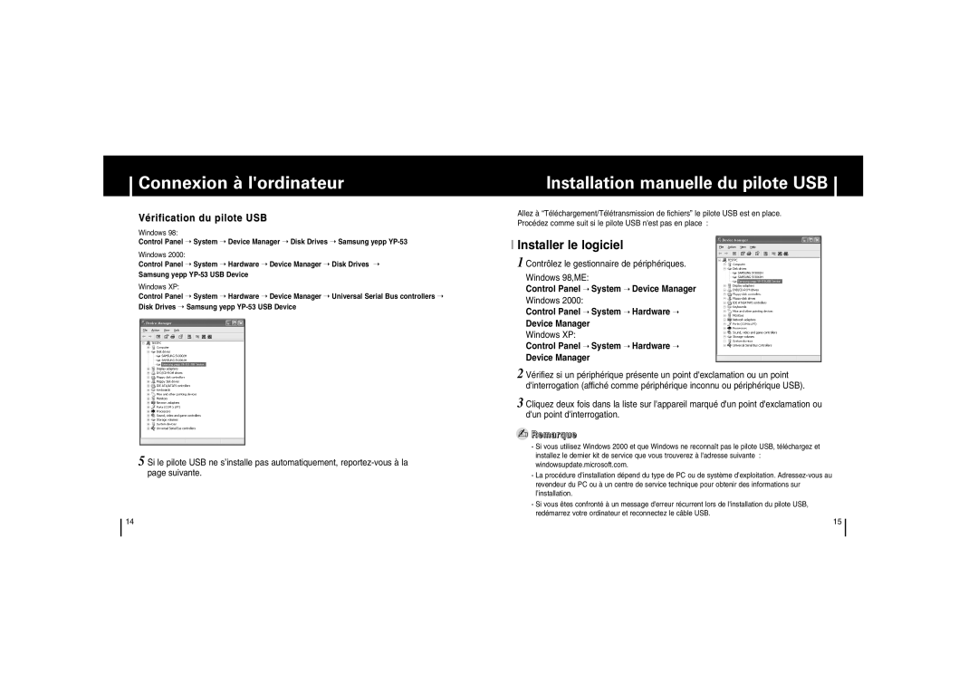 Samsung YP-53Z/ELS, YP53V1/ELS manual Vérification du pilote USB, Contrôlez le gestionnaire de périphériques Windows 98,ME 