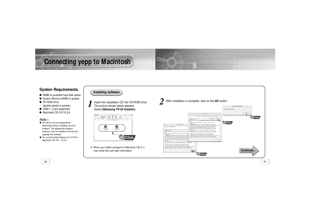 Samsung manual Connecting yepp to Macintosh, Select Samsung YP-55 Installer 