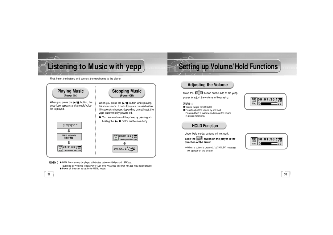 Samsung YP-55 manual Listening to Music with yepp, Hold Function 