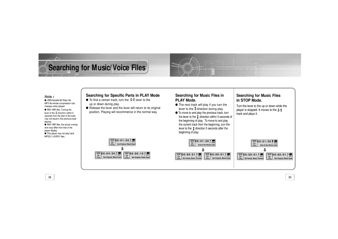 Samsung YP-55 manual Searching for Specific Parts in Play Mode, Searching for Music Files in Play Mode 