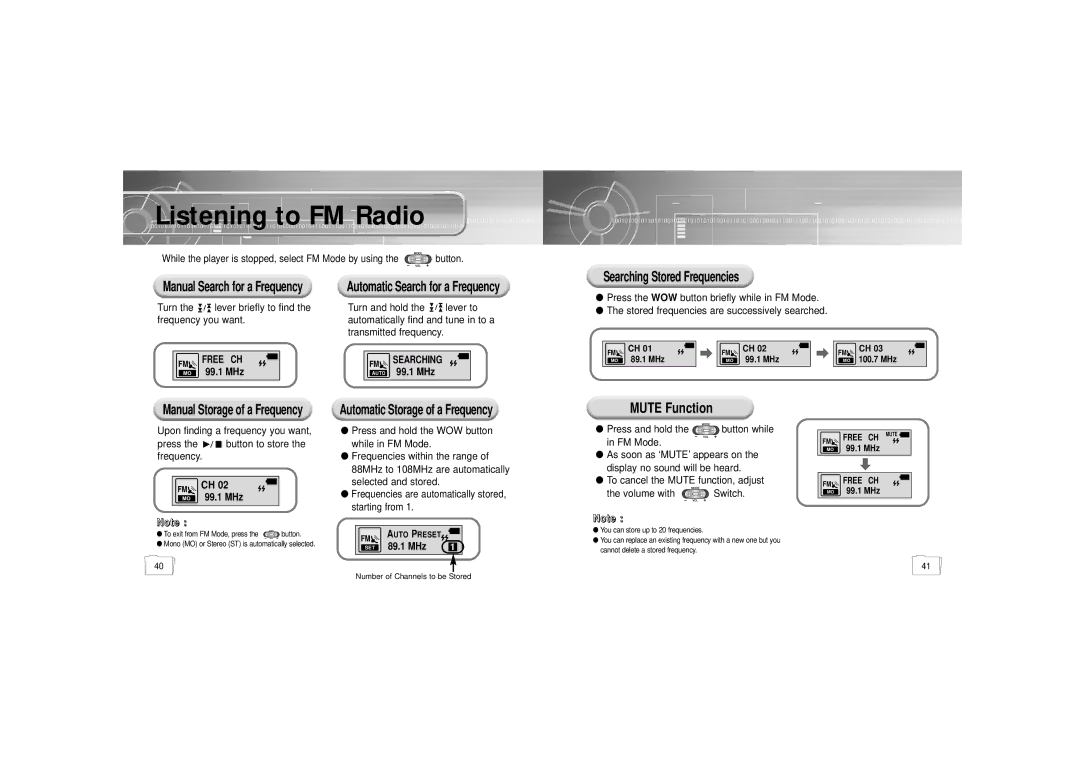 Samsung YP-55 manual Listening to FM Radio, Mute Function 