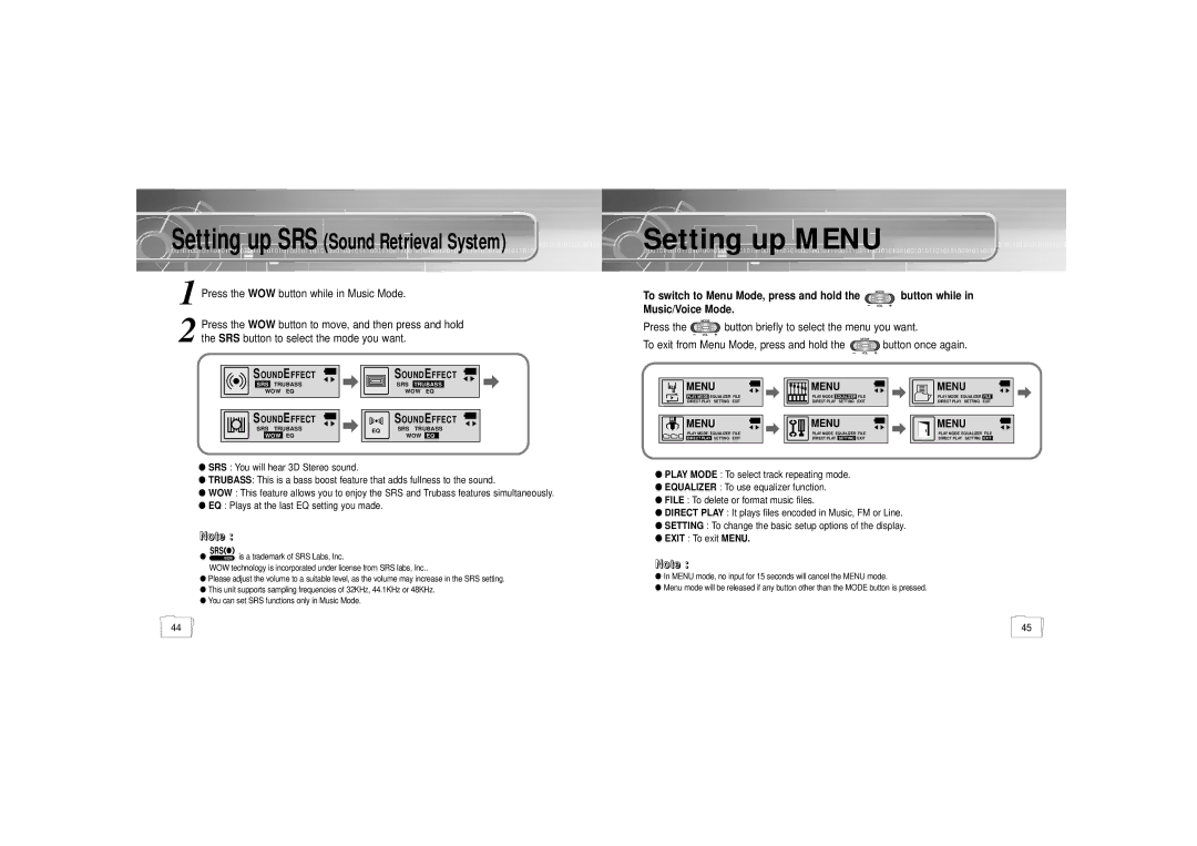 Samsung YP-55 manual Setting up Menu, Setting up SRS Sound Retrieval System 