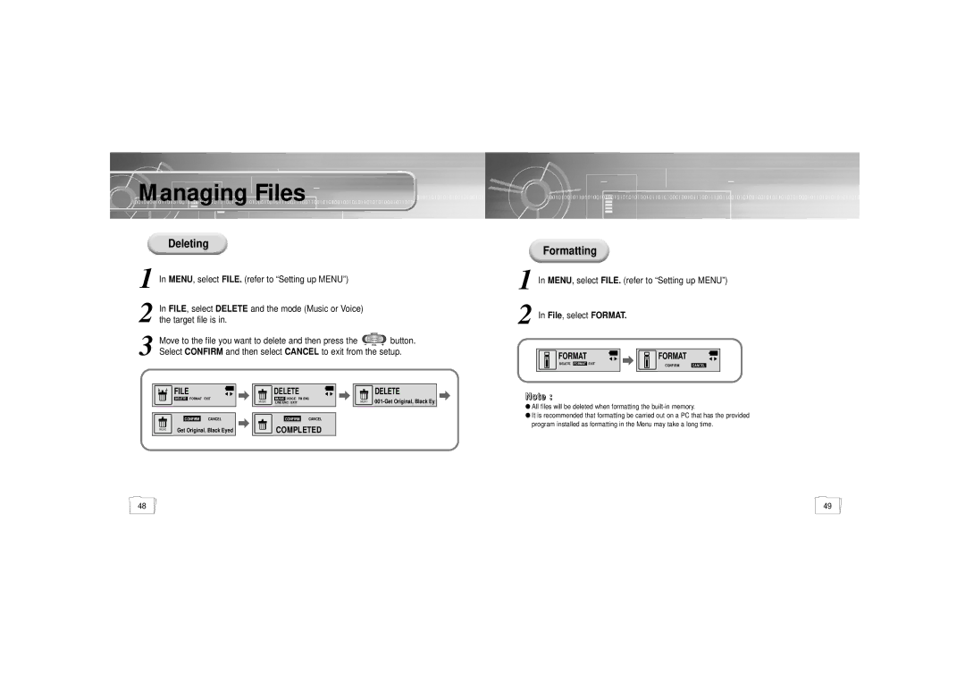 Samsung YP-55 manual Managing Files, Deleting, Formatting 