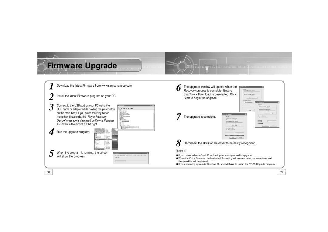 Samsung YP-55 manual Firmware Upgrade, Install the latest Firmware program on your PC 