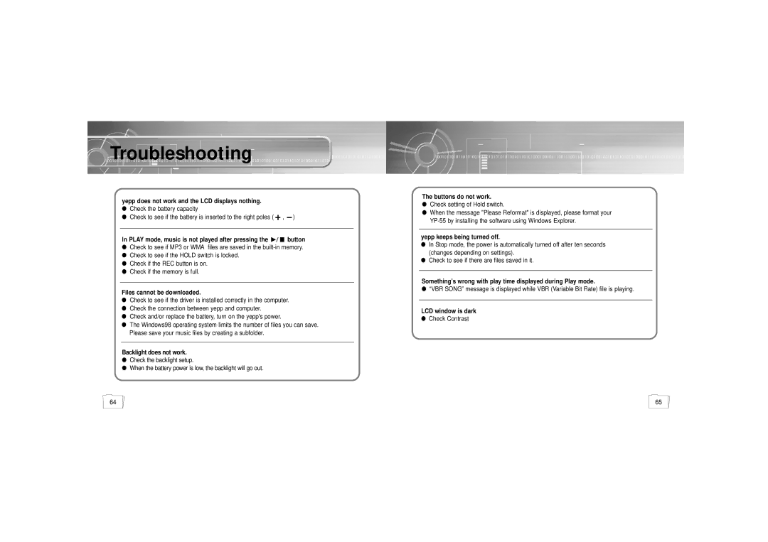 Samsung YP-55 manual Troubleshooting, Play mode, music is not played after pressing the button 