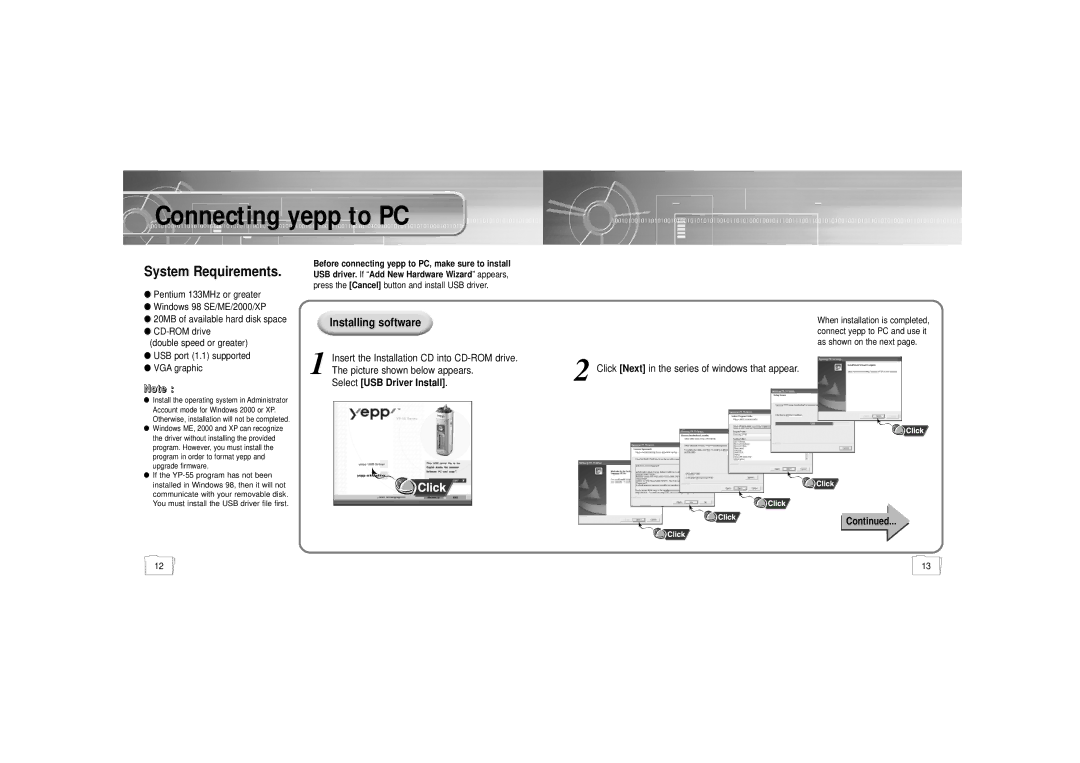 Samsung YP-55 manual Connecting yepp to PC, Select USB Driver Install 