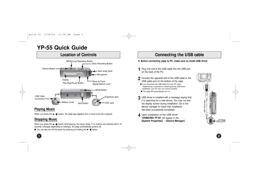 Samsung YP-53Z/ELS manual YP-55 Quick Guide, Connecting the USB cable, Location of Controls, Playing Music, Stopping Music 