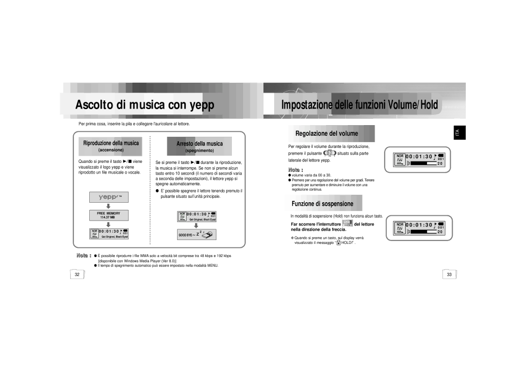 Samsung YP55X1/ELS, YP-55H/ELS2, YP-55H/ELS1 manual Regolazione del volume, Arresto della musica 