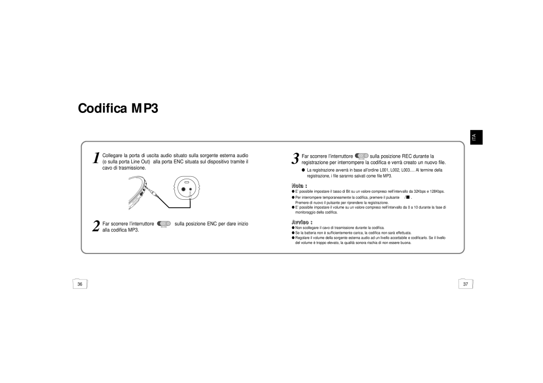 Samsung YP-55H/ELS1, YP-55H/ELS2, YP55X1/ELS manual Codifica MP3, Avviso 