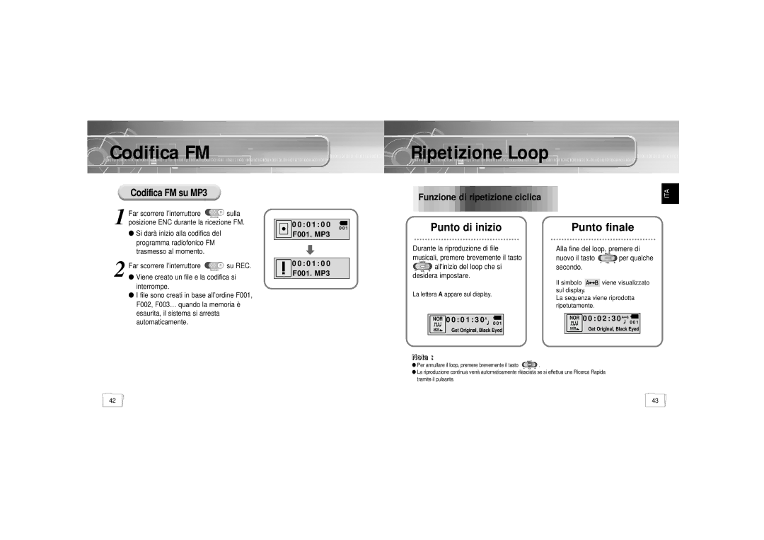 Samsung YP-55H/ELS1, YP-55H/ELS2, YP55X1/ELS manual Ripetizione Loop, Codifica FM su MP3 