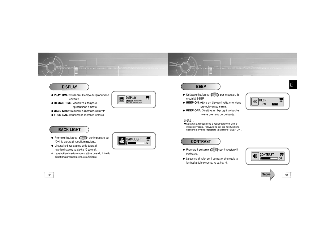 Samsung YP-55H/ELS2, YP-55H/ELS1, YP55X1/ELS manual Display, Beep, Back Light, Contrast 