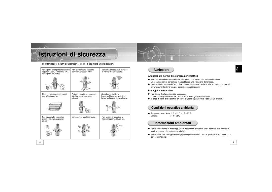 Samsung YP-55H/ELS2, YP-55H/ELS1, YP55X1/ELS manual Istruzioni di sicurezza, Condizioni operative ambientali 