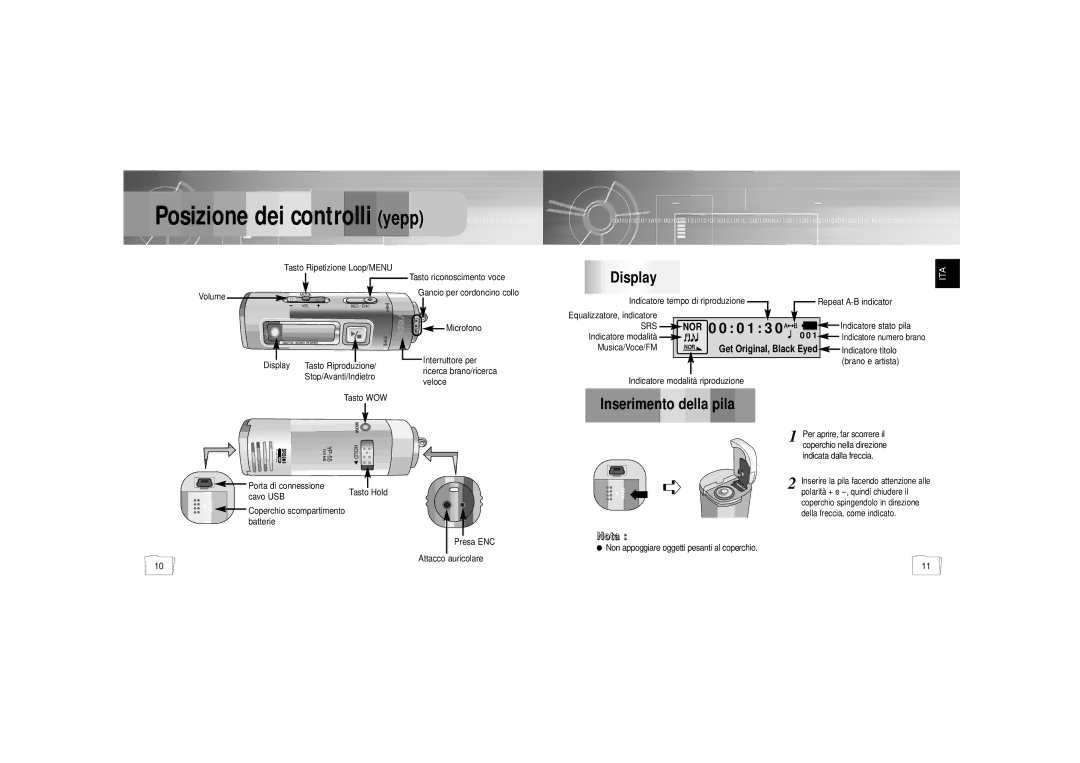 Samsung YP-55H/ELS2, YP-55H/ELS1, YP55X1/ELS manual Posizione dei controlli yepp, Display, Inserimento della pila, Nota 