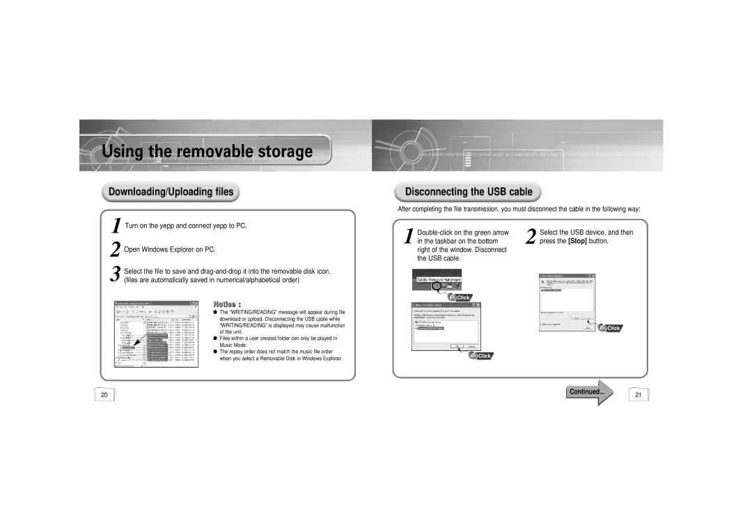 Samsung YP-55V/ELS2, YP-55H/ELS2, YP-55H/ELS1 manual Using the removable storage 