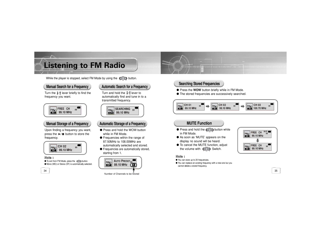 Samsung YP-55H/ELS2, YP-55V/ELS2, YP-55H/ELS1 manual Listening to FM Radio, Mute Function 