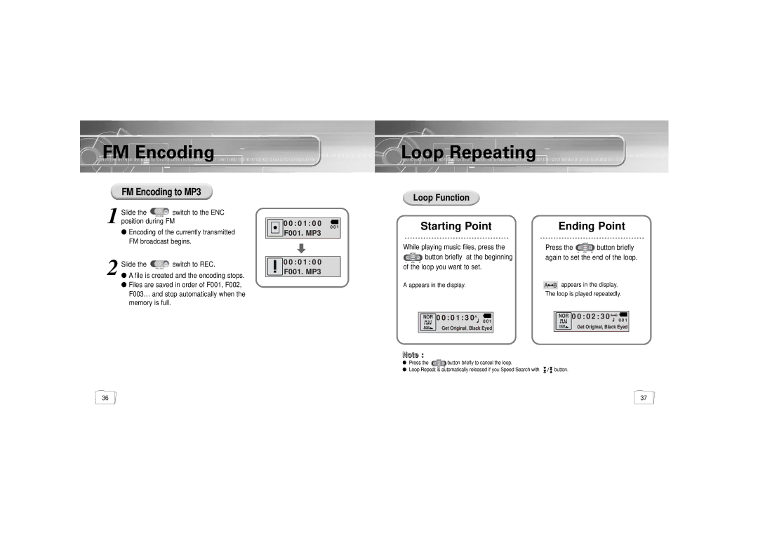 Samsung YP-55H/ELS2, YP-55V/ELS2, YP-55H/ELS1 manual FM Encoding Loop Repeating, FM Encoding to MP3, Loop Function 