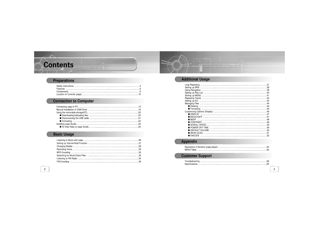 Samsung YP-55H/ELS1, YP-55H/ELS2, YP-55V/ELS2 manual Contents 