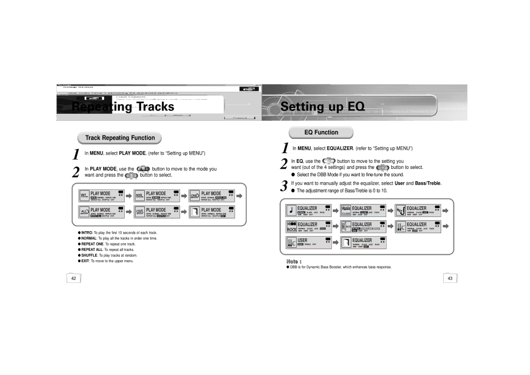 Samsung YP-55H/ELS1, YP-55H/ELS2, YP-55V/ELS2 manual Repeating Tracks, Setting up EQ, Track Repeating Function, EQ Function 