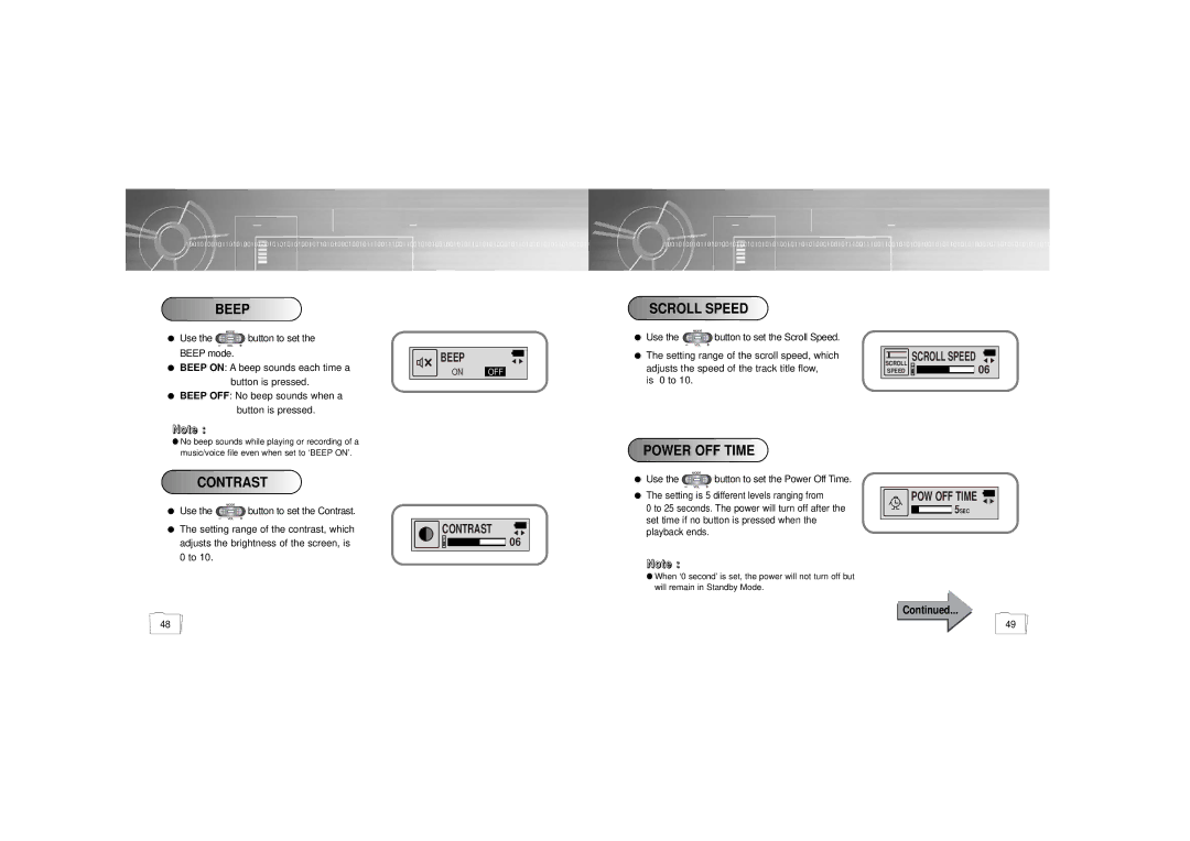 Samsung YP-55H/ELS2, YP-55V/ELS2, YP-55H/ELS1 manual Beep, Contrast, Scroll Speed, Power OFF Time 