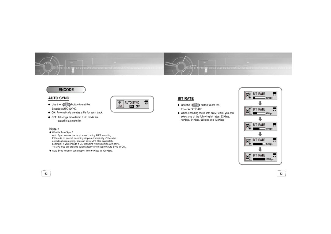 Samsung YP-55H/ELS1, YP-55H/ELS2, YP-55V/ELS2 manual Encode, Auto Sync 