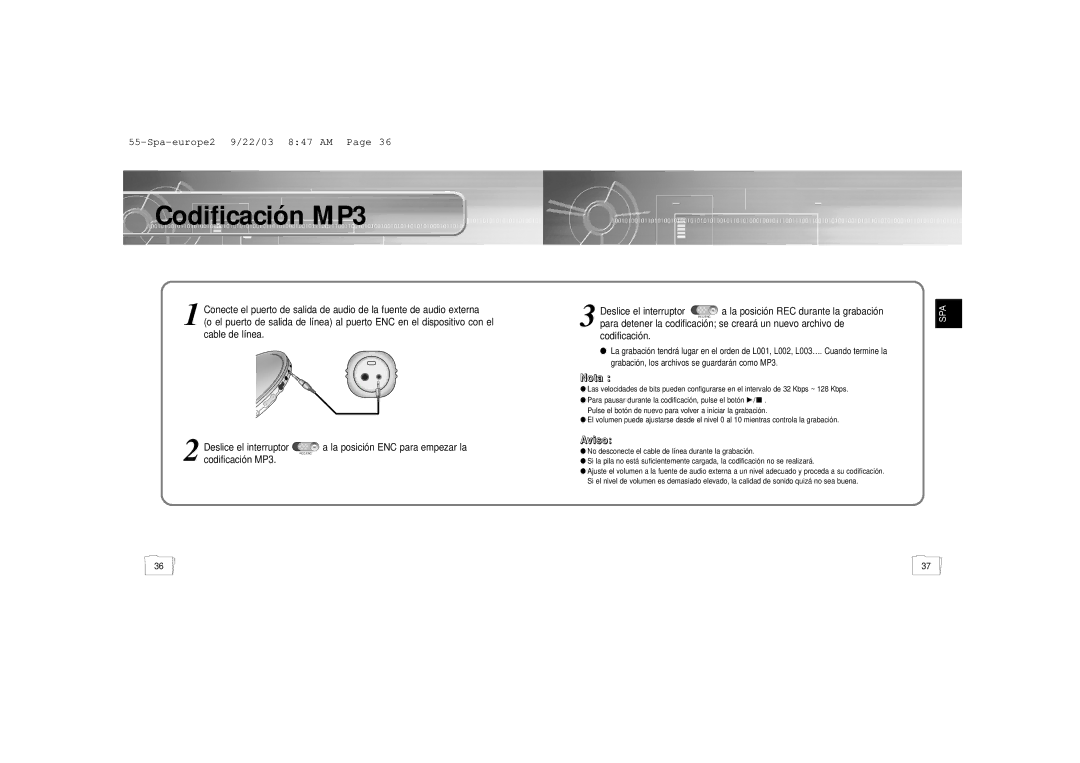 Samsung YP-55H/ELS2, YP-55V/ELS2 manual Codificación MP3 