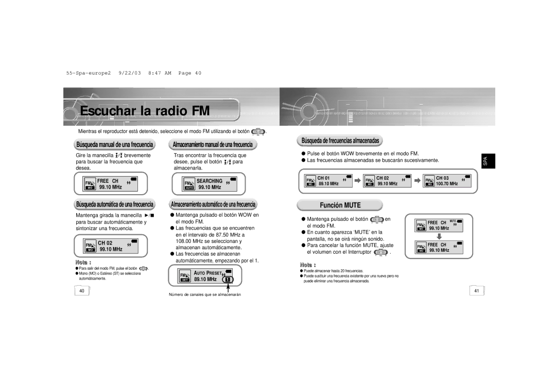 Samsung YP-55V/ELS2, YP-55H/ELS2 Funció n Mute, Bú squeda manual de una frecuencia, Fm Ch 