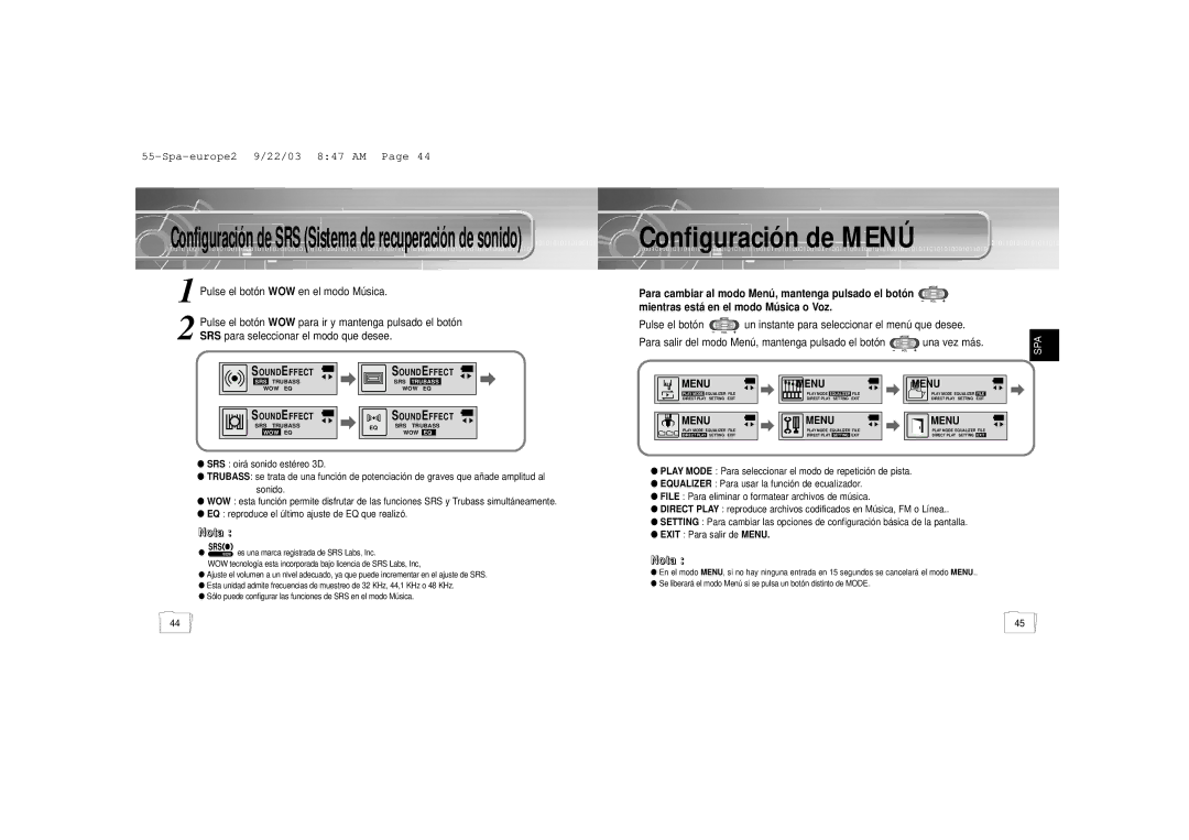 Samsung YP-55H/ELS2, YP-55V/ELS2 manual Configuración de Menú, Configuración de SRS Sistema de recuperación de sonido 