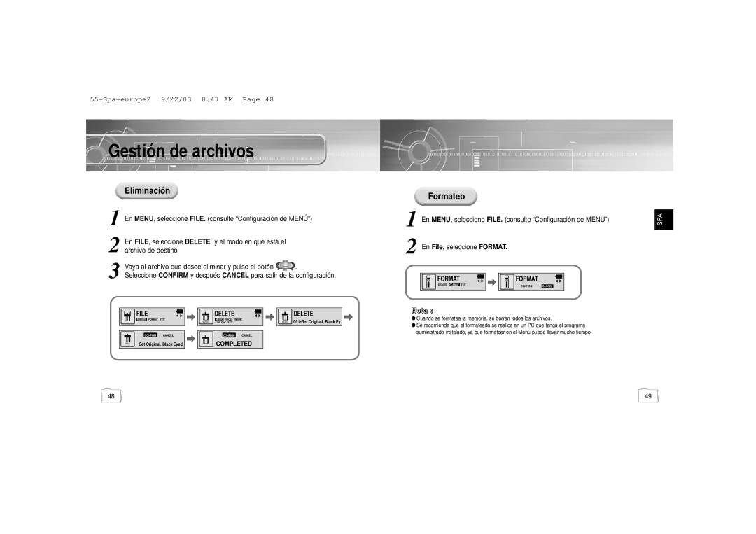 Samsung YP-55V/ELS2, YP-55H/ELS2 manual Gestión de archivos, Eliminació n, Formateo 