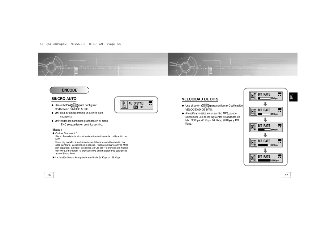 Samsung YP-55V/ELS2, YP-55H/ELS2 manual Encode, Velocidad DE Bits 