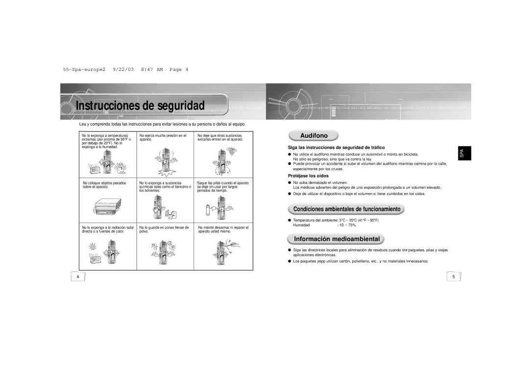 Samsung YP-55H/ELS2, YP-55V/ELS2 manual Instrucciones de seguridad, Condiciones ambientales de funcionamiento 