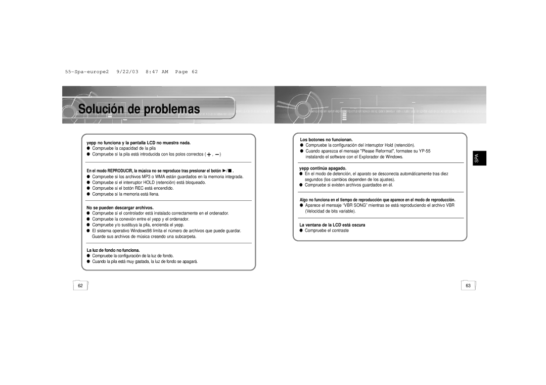 Samsung YP-55H/ELS2, YP-55V/ELS2 manual Solución de problemas, Yepp no funciona y la pantalla LCD no muestra nada 