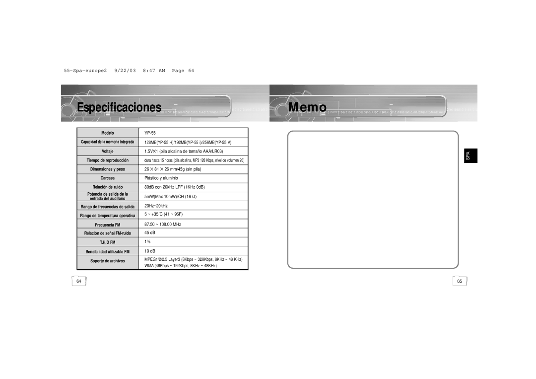 Samsung YP-55V/ELS2, YP-55H/ELS2 manual Especificaciones, 5V 1 pila alcalina de tamaño AAA/LR03 