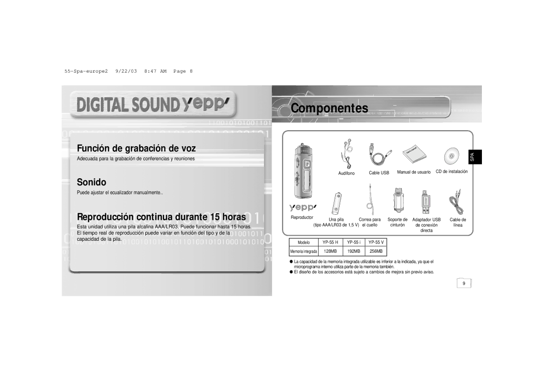 Samsung YP-55V/ELS2, YP-55H/ELS2 manual Componentes 