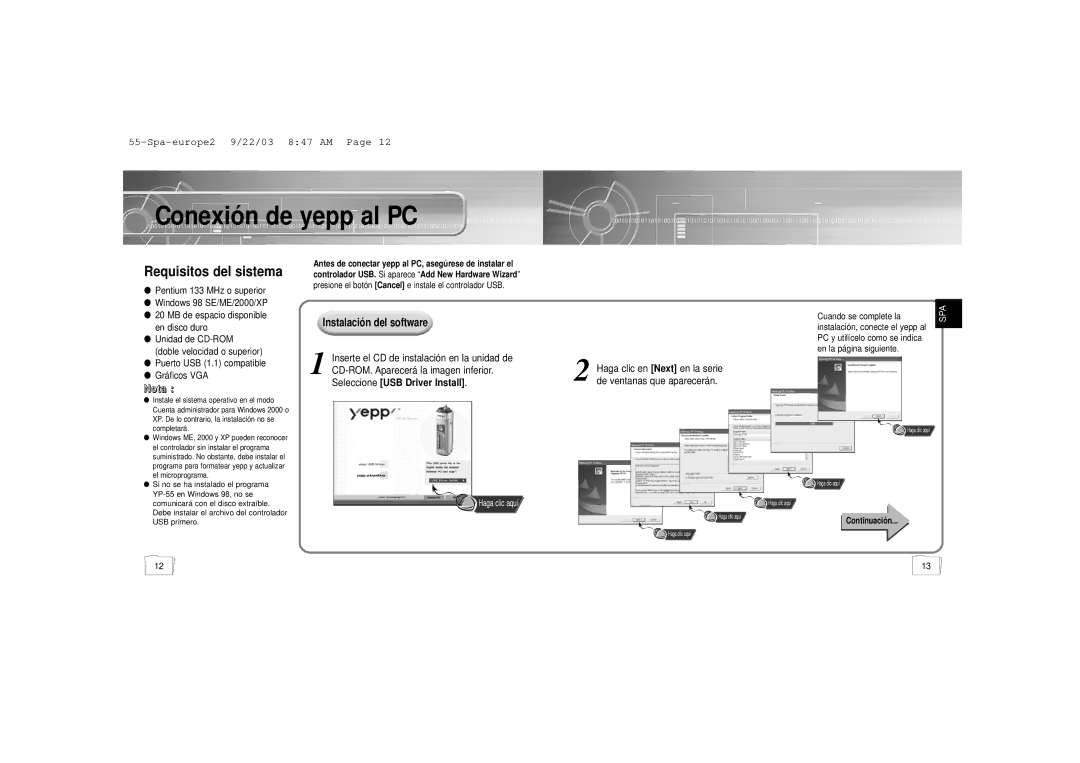 Samsung YP-55H/ELS2, YP-55V/ELS2 manual Instalació n del software, Seleccione USB Driver Install 