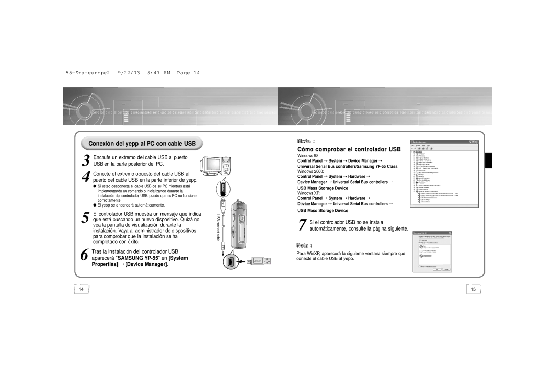 Samsung YP-55H/ELS2, YP-55V/ELS2 manual Conexió n del yepp al PC con cable USB, Nota Có mo comprobar el controlador Usbsb 