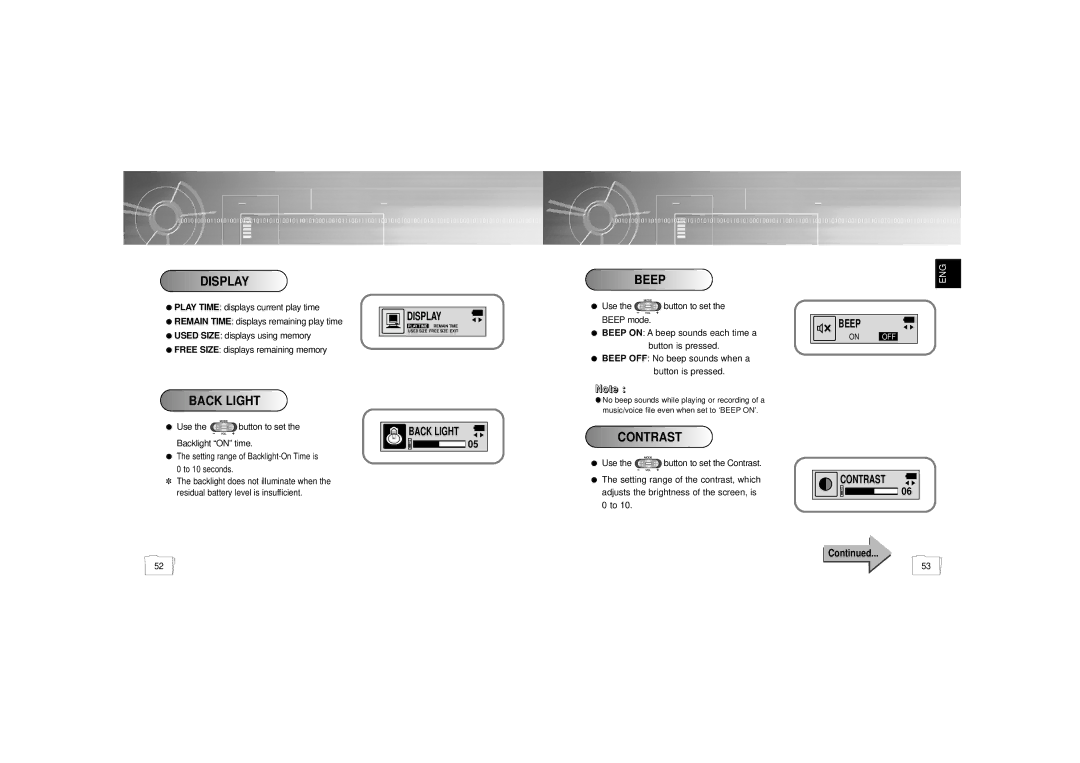 Samsung YP-55V/ELS2, YP-55H/ELS2, YP56V1/ELS, YP-55V/ELS1, YP-55H/ELS1, YP55X1/ELS manual Display, Back Light, Beep, Contrast 