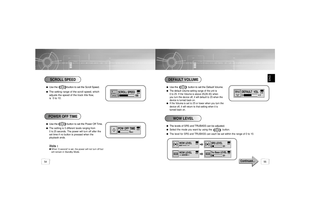 Samsung YP-55H/ELS1, YP-55H/ELS2, YP56V1/ELS, YP-55V/ELS1, YP55X1/ELS Scroll Speed, Default Volume, Power OFF Time, WOW Level 