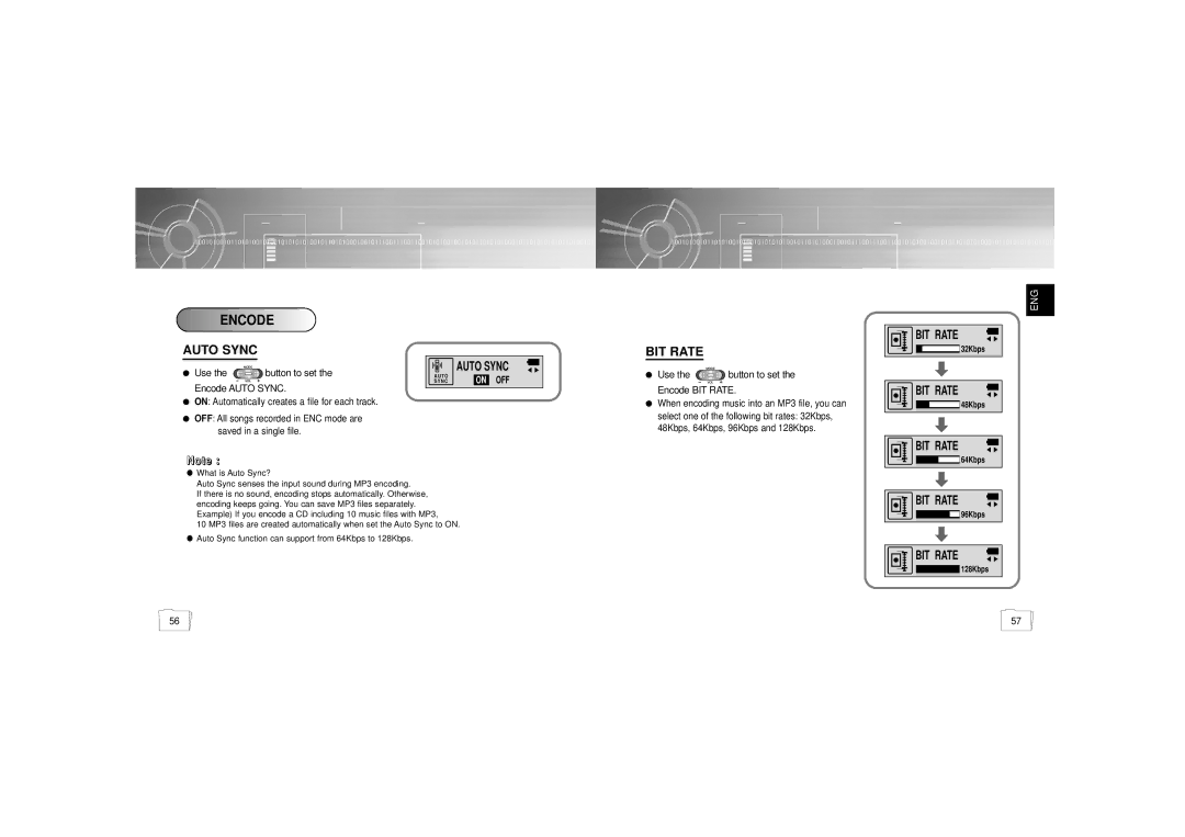 Samsung YP55X1/ELS, YP-55H/ELS2, YP56V1/ELS, YP-55V/ELS1, YP-55V/ELS2, YP-55H/ELS1 manual Encode, Auto Sync 