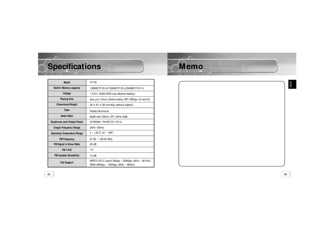 Samsung YP56V1/ELS, YP-55H/ELS2, YP-55V/ELS1, YP-55V/ELS2, YP-55H/ELS1, YP55X1/ELS manual SpecificationsMemo 