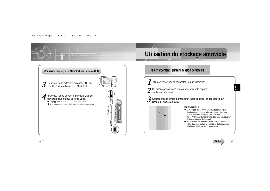 Samsung YP-55H/ELS2 Allumez votre yepp et connectez-le à un Macintosh, Connexion du yepp à un Macintosh via un câ ble USB 