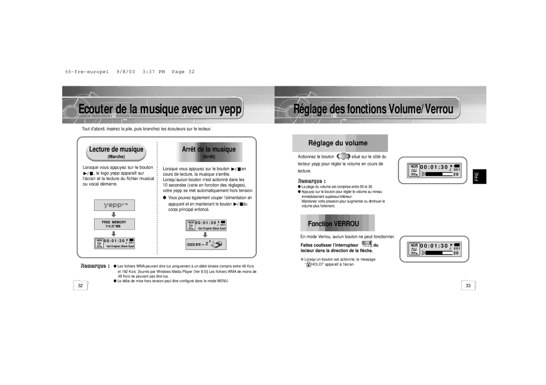 Samsung YP-55V/ELS1 Réglage des fonctions Volume/Verrou, Ré glage du volume, Lecture de musique, Arrê t de la musique 