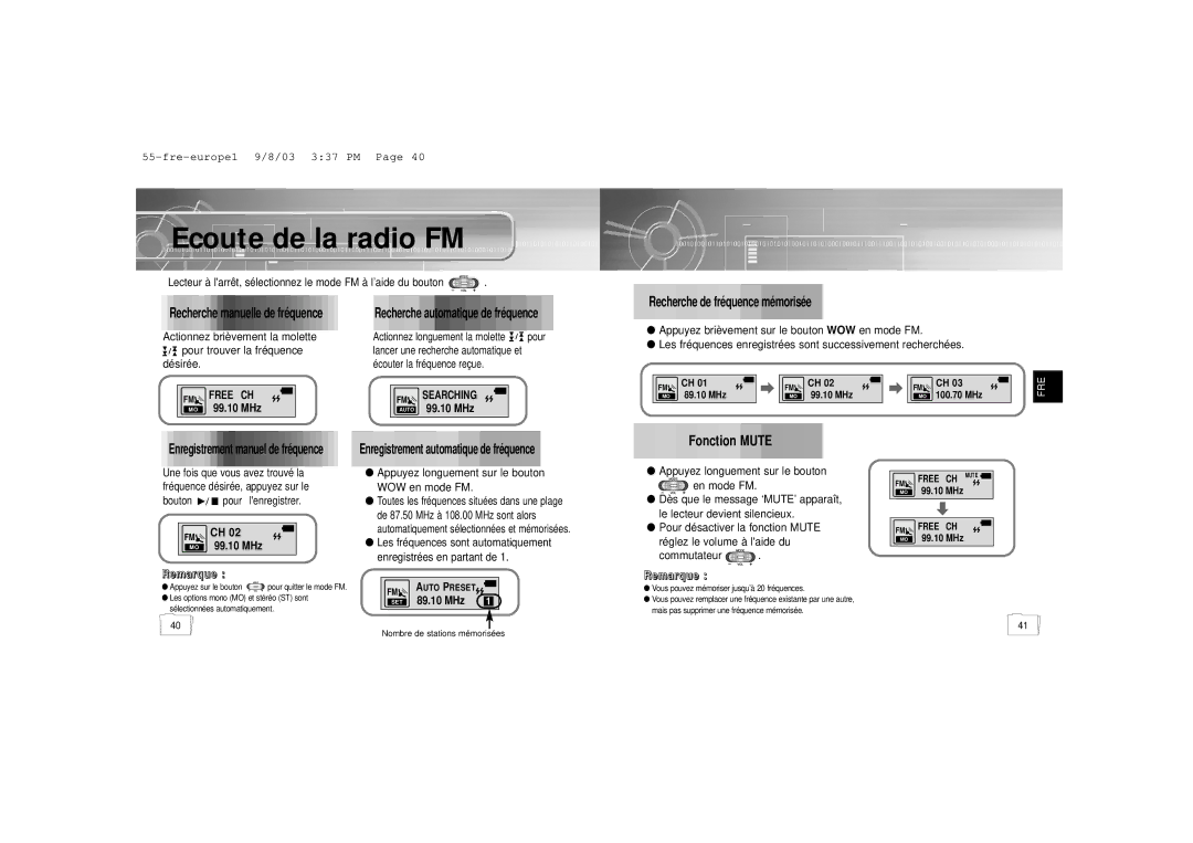 Samsung YP56V1/ELS, YP-55H/ELS2, YP-55V/ELS1, YP-55V/ELS2, YP-55H/ELS1 manual Ecoute de la radio FM, Fonction Mute, Fm Ch 