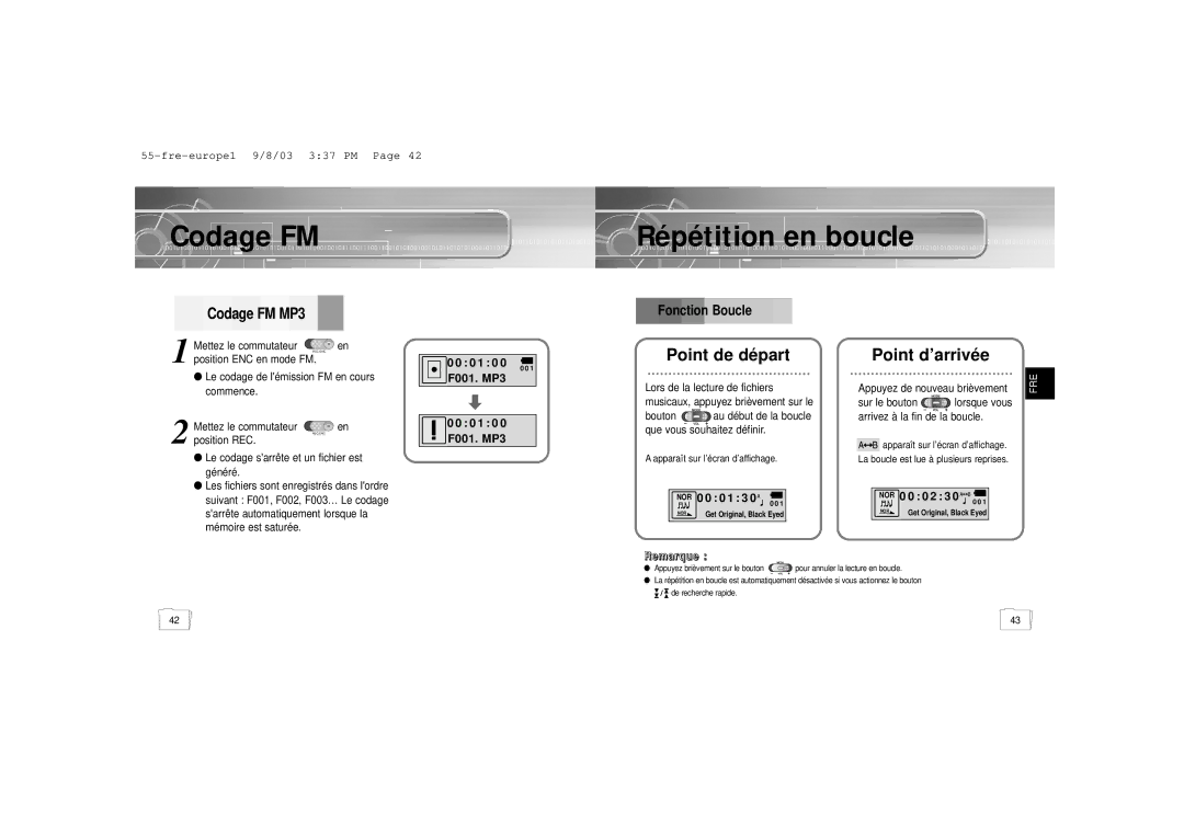 Samsung YP-55V/ELS1 manual Codage FM Répétition en boucle, Codage FM MP3, 0 1 0 F001. MP3 Fonction Boucle, NOR 0 0 0 2 3 