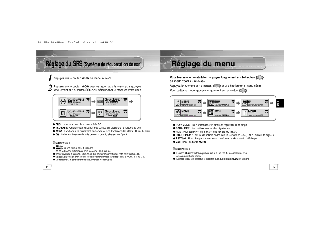 Samsung YP-55V/ELS2, YP-55H/ELS2, YP56V1/ELS, YP-55V/ELS1 manual Réglage du menu, Appuyez sur le bouton WOW en mode musical 