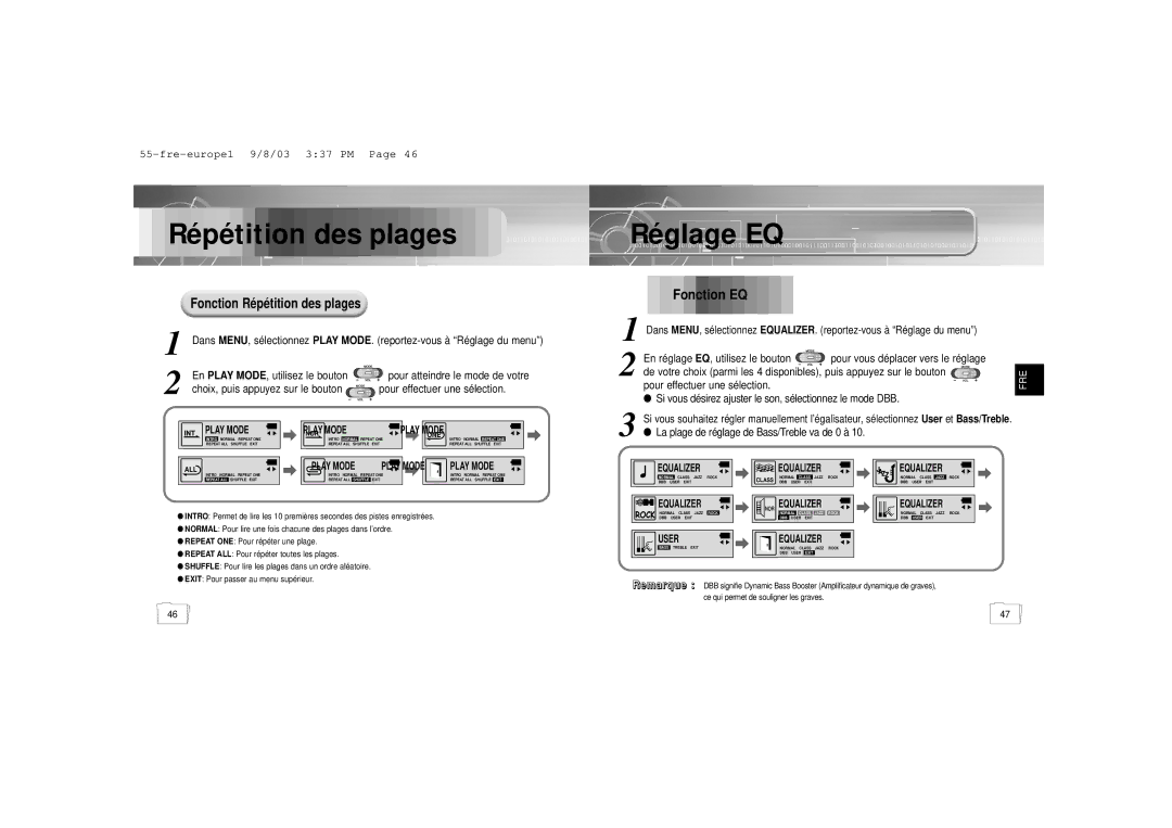 Samsung YP-55H/ELS1, YP-55H/ELS2 manual Répétition des plages, Réglage EQ, Fonction EQ, Fonction Ré pé tition des plages 