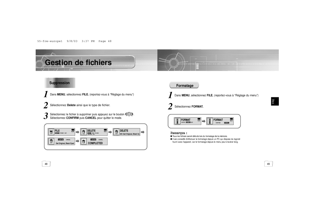 Samsung YP-55H/ELS2 Gestion de fichiers, Suppression, Formatage, Sélectionnez Confirm puis Cancel pour quitter le mode 