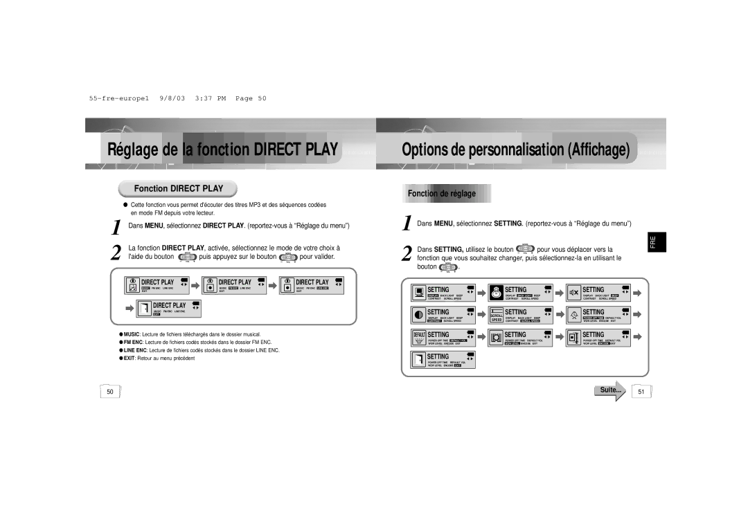 Samsung YP56V1/ELS, YP-55H/ELS2 manual Options de personnalisation Affichage, Fonction Direct Play, Fonction de ré glage 