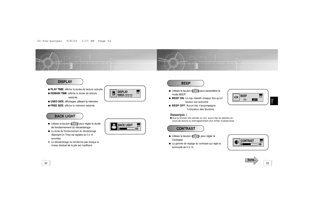 Samsung YP-55V/ELS1, YP-55H/ELS2, YP56V1/ELS, YP-55V/ELS2, YP-55H/ELS1 manual Display Beep, Back Light, Contrast 